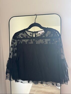 Lulu's Black Star-Embroidered Sheer Ruffle Sleeve Top